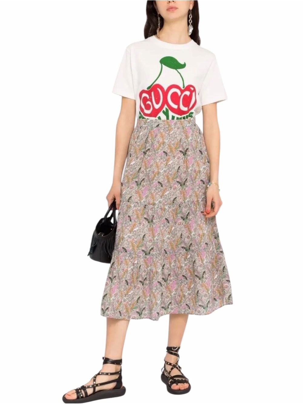 ba&sh Paisley Tiered Midi Skirt in Pink, Green, Cream